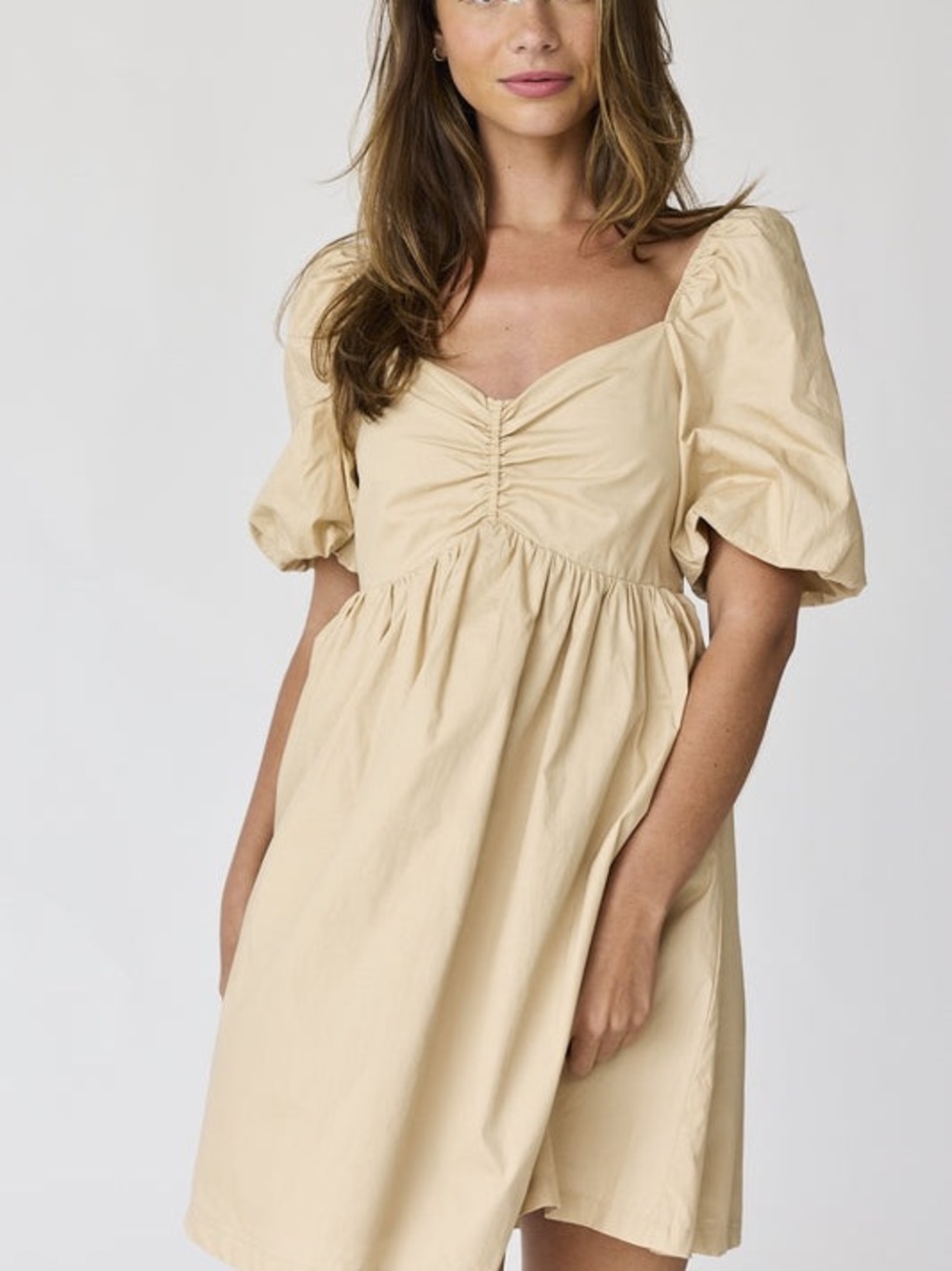 Papermoon Puff-Sleeve Ruched Bodice Mini Dress in Beige size Small